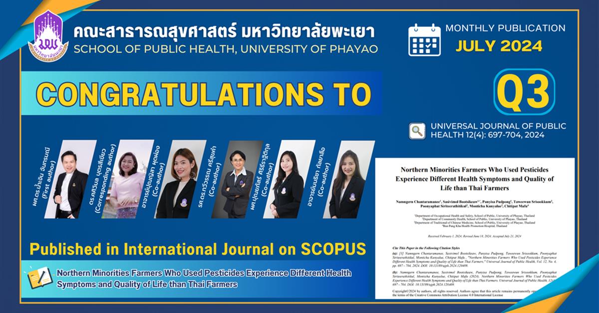 คณะสาธารณสุขศาสตร์ มหาวิทยาลัยพะเยา ขอแสดงความยินดีกับอาจารย์ที่ได้รับการได้รับการตีพิมพ์ในวารสาร ระดับนานาชาติ